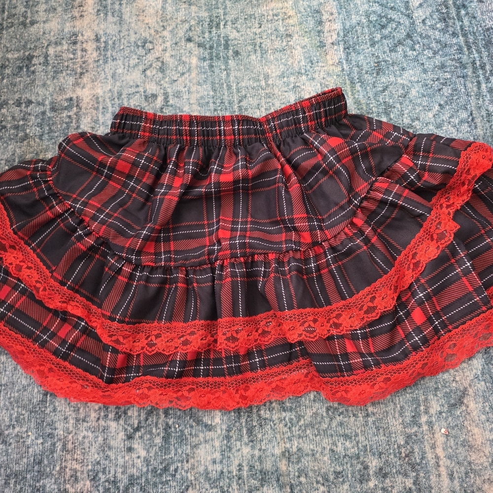 Red and Black Plaid Skirt with Lace Trim
